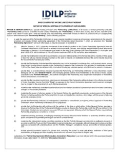 Invico Diversified Income Limited Partnership - Notice of Special Meeting of Partnership Unitholders